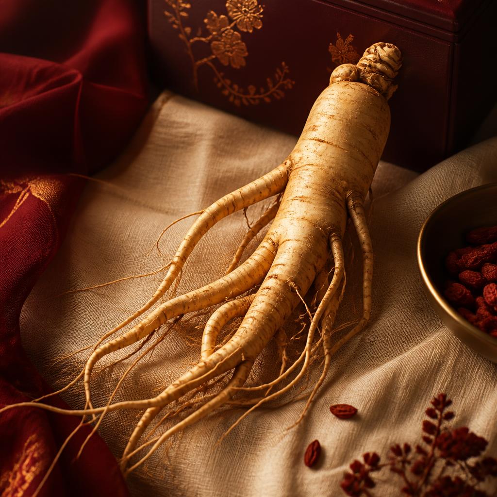 Whole Korean Panax ginseng root on cream linen with deep red fabric