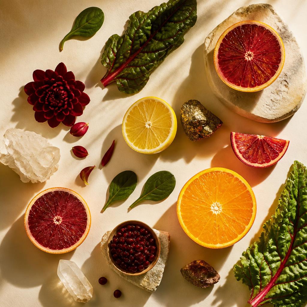 Flat lay of citrus slices, leafy greens and mineral stones on a cream surface