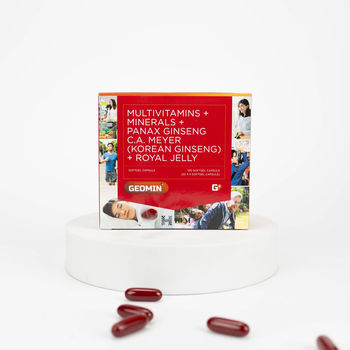 Geomin box on a pedestal with red softgel capsules